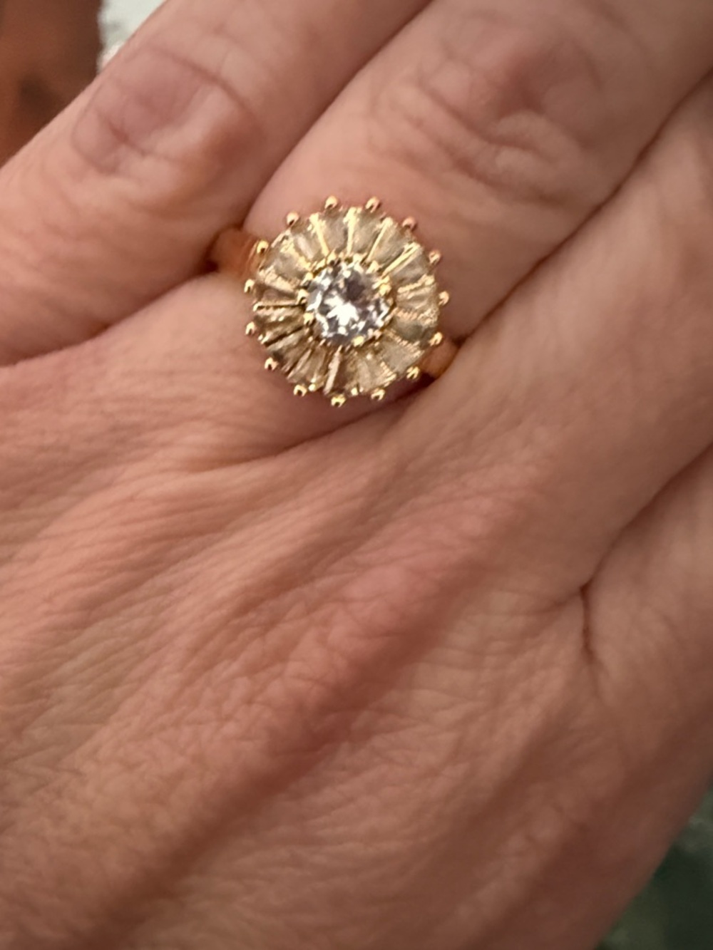 Gold-Plated CZ Sunburst Ring - Clear Crystal - Size Adjustable